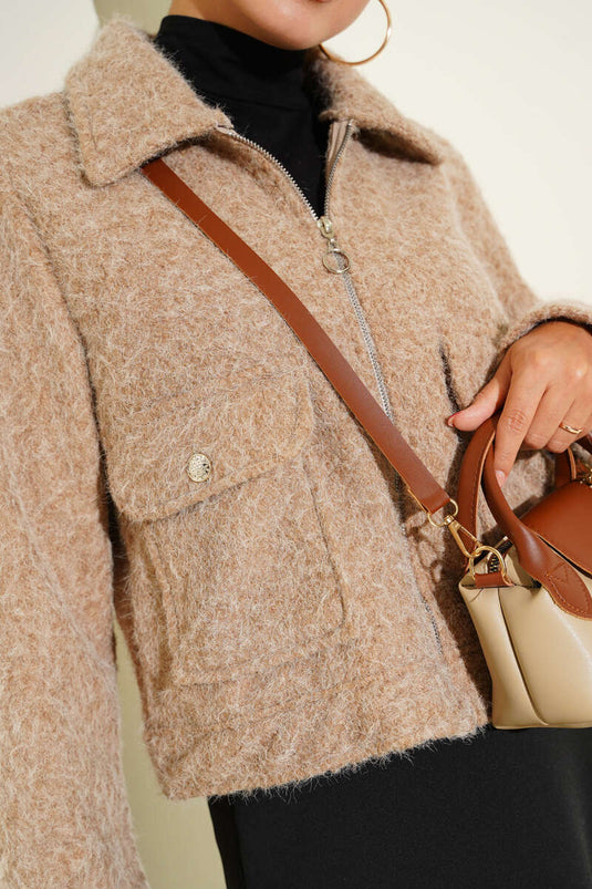 جاكيت قصير بسحاب مزدوج الجيب لاتيه