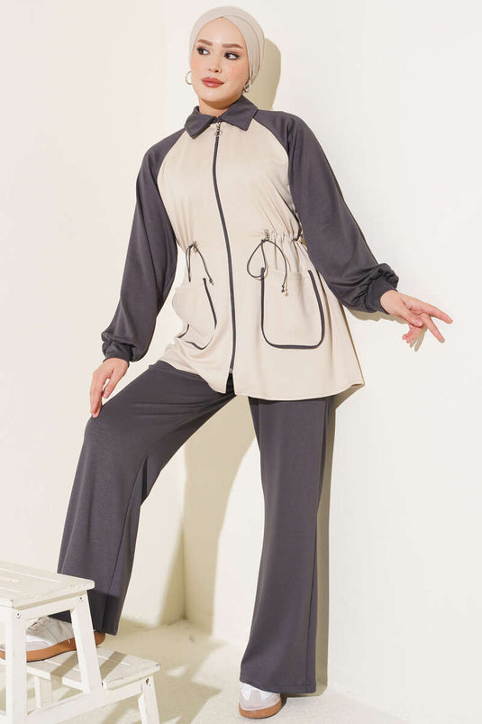 Fleeced Double-Pocket Suit In Smoke Grey