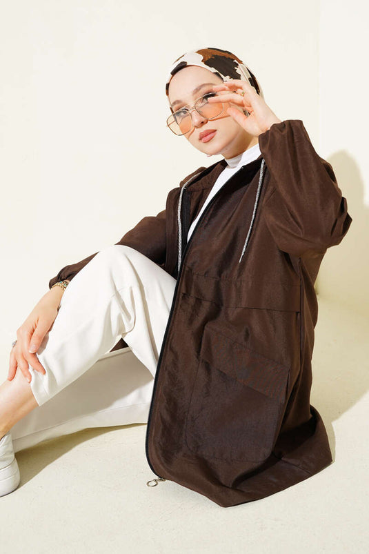 Çift Cepli Gizli Fermuarlı Kap Kahve