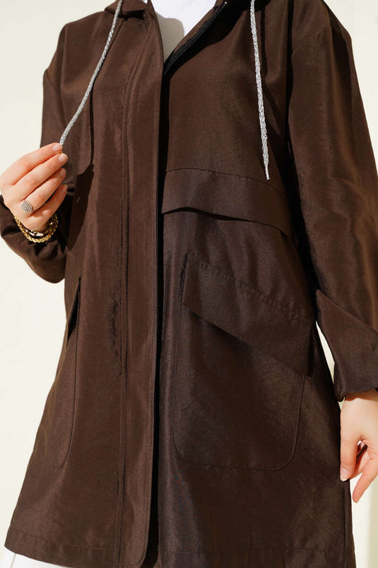 Çift Cepli Gizli Fermuarlı Kap Kahve