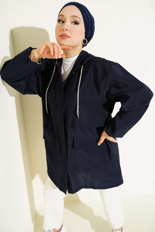 Çift Cepli Gizli Fermuarlı Kap Lacivert