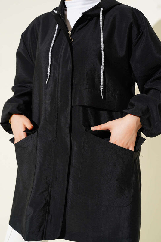 Çift Cepli Gizli Fermuarlı Kap Siyah