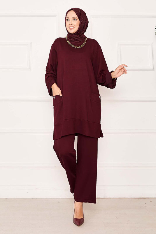 بدلة مكونة من قطعتين بجيب مزدوج - لون عنابي