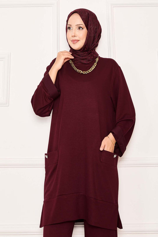 بدلة مكونة من قطعتين بجيب مزدوج - لون عنابي