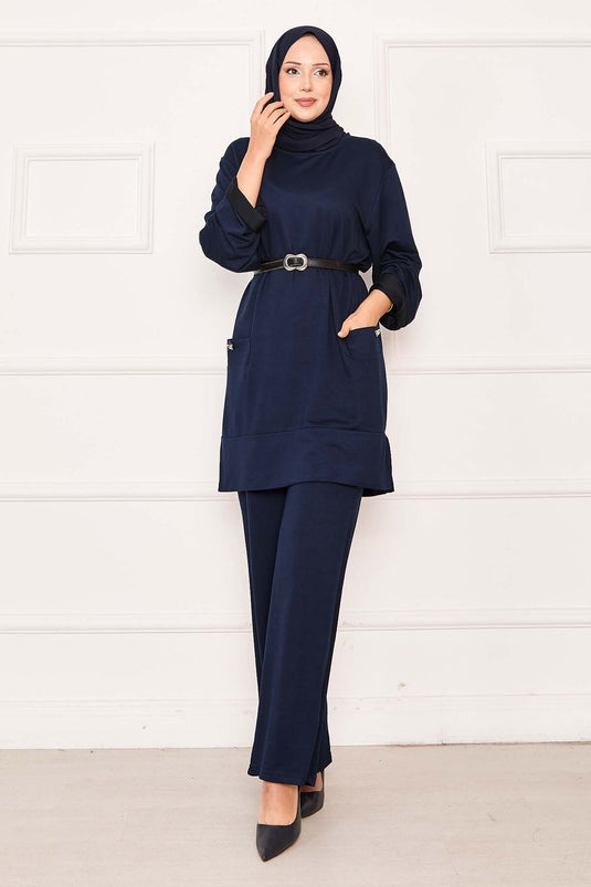 بدلة من قطعتين بجيب مزدوج، أزرق داكن