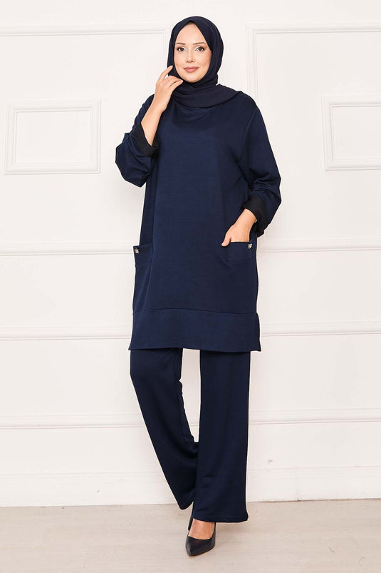 Costume deux pièces à double poche bleu marine