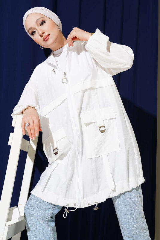 Giacca con cappuccio a doppia tasca bianca