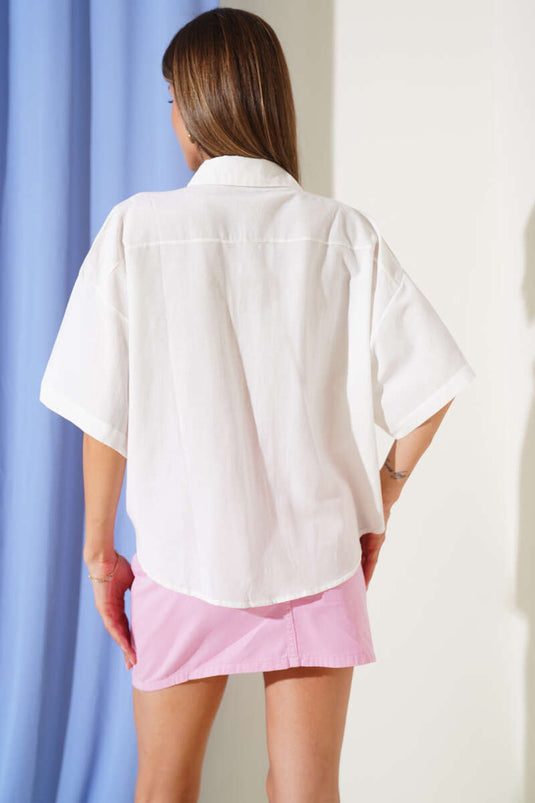 Camicia in lino con doppia tasca, ecrù