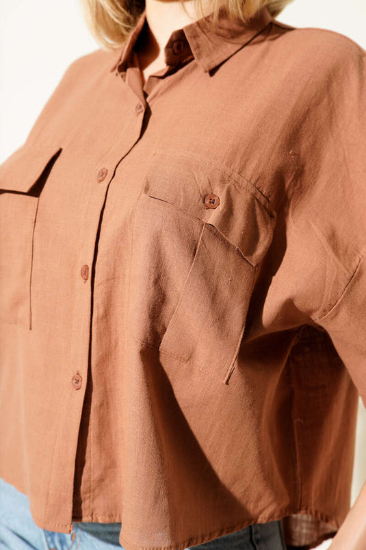 قميص كتان بجيبين، لون لاتيه