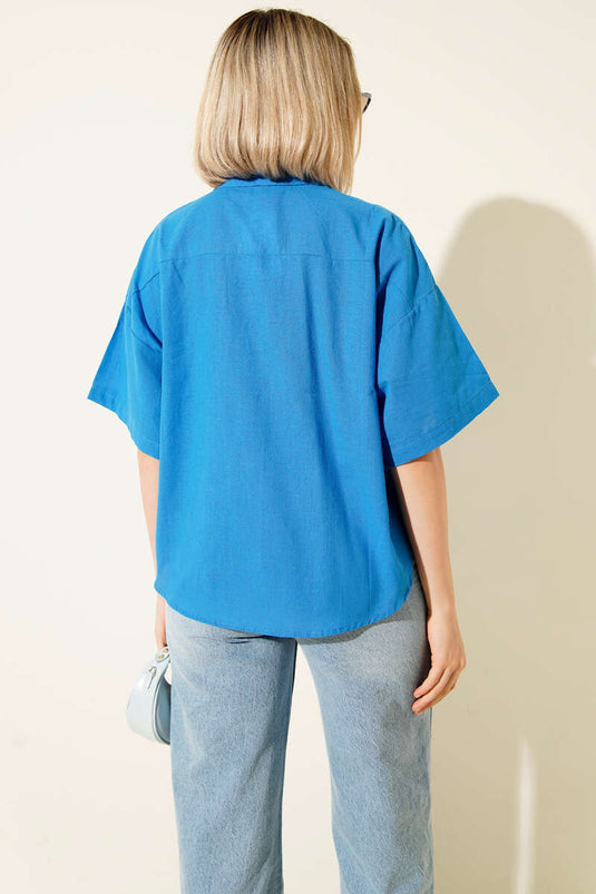 Double Pocket Linen Shirt (Navy Blue)