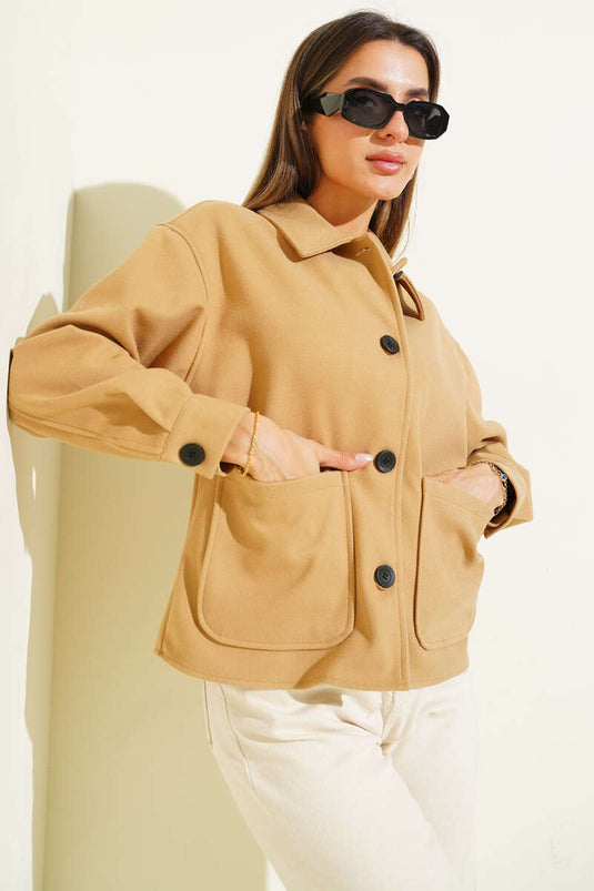 Veste courte en cachemire à double poche, couleur camel