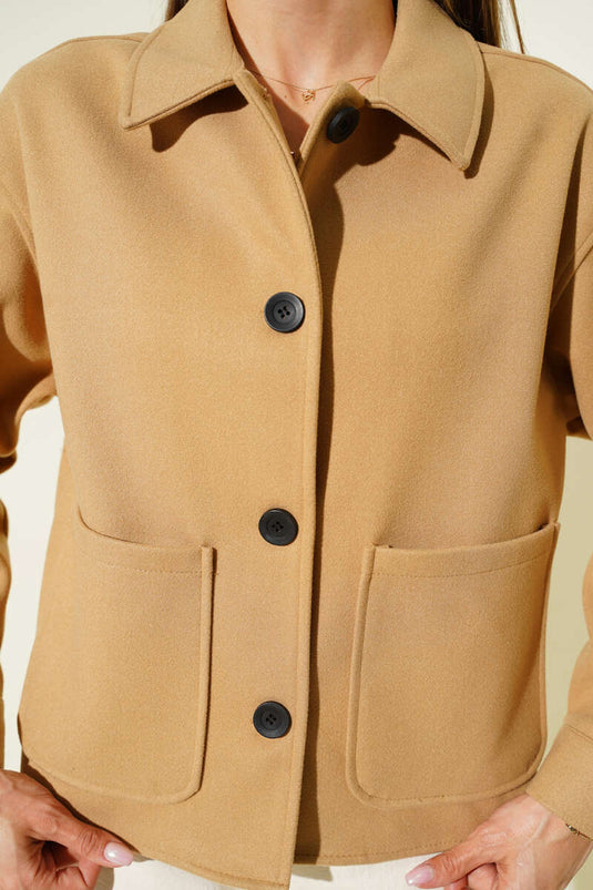 Veste courte en cachemire à double poche, couleur camel
