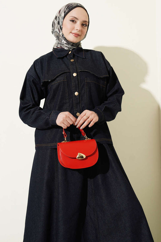 Ensemble deux pièces jupe et veste en jean à poches doubles bleu marine