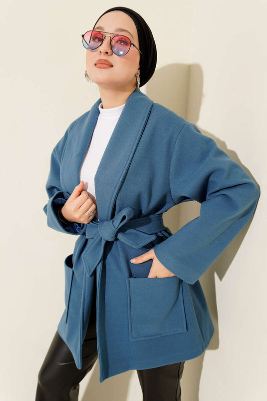 Çift Cepli Kruvaze Kuşaklı Kısa Kaban Mavi