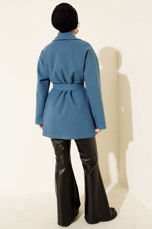 Çift Cepli Kruvaze Kuşaklı Kısa Kaban Mavi