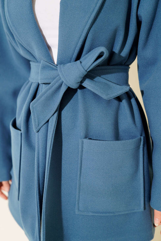 Çift Cepli Kruvaze Kuşaklı Kısa Kaban Mavi