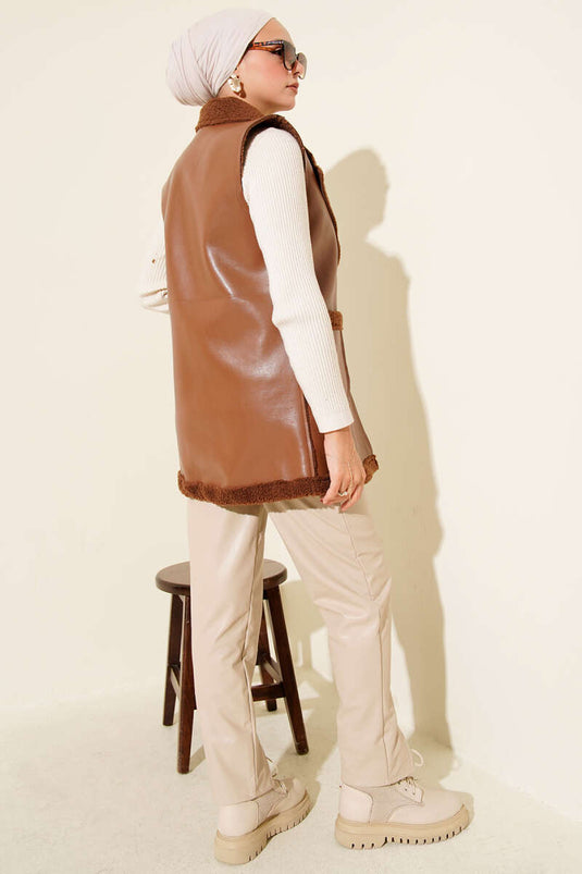 Çift Cepli Kürklü Deri Yelek Taba