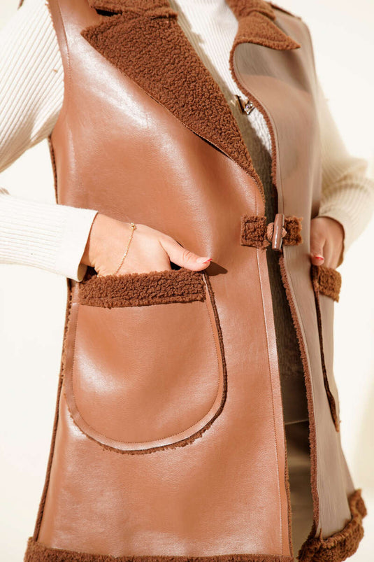 Çift Cepli Kürklü Deri Yelek Taba