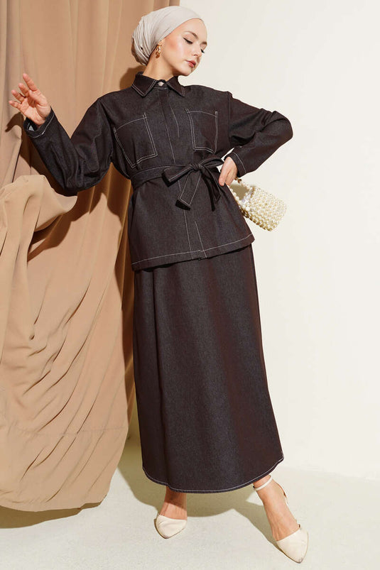 Double Pocket Belted Skirt Denim Two-Piece Set Brown