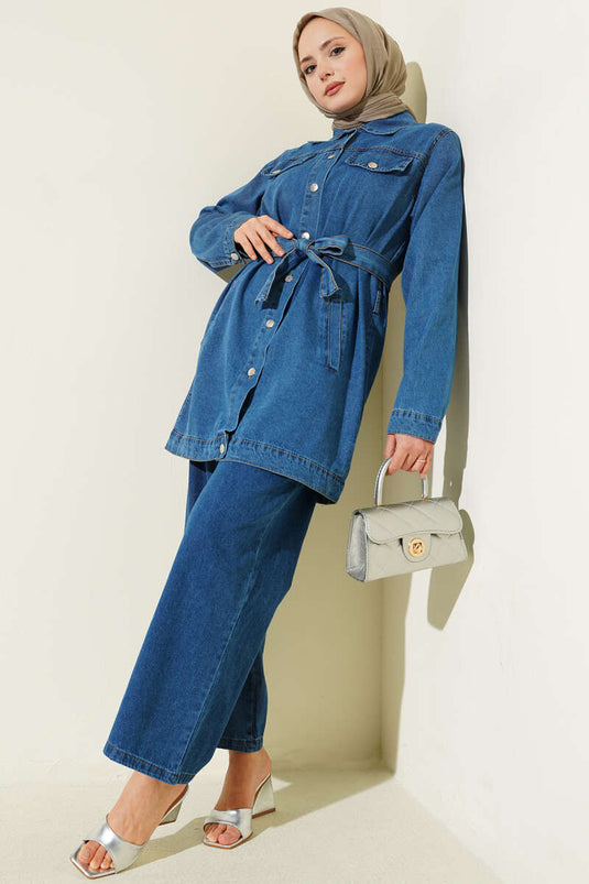 Double Pocket Belted Denim Two-Piece Set Denim Blue