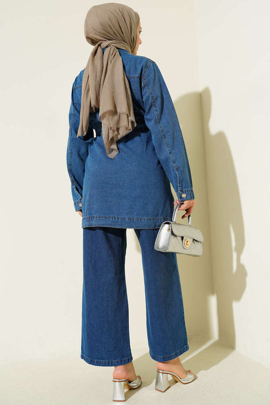 Double Pocket Belted Denim Two-Piece Set Denim Blue