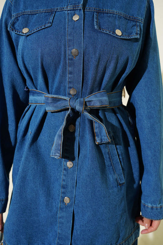 Double Pocket Belted Denim Two-Piece Set Denim Blue