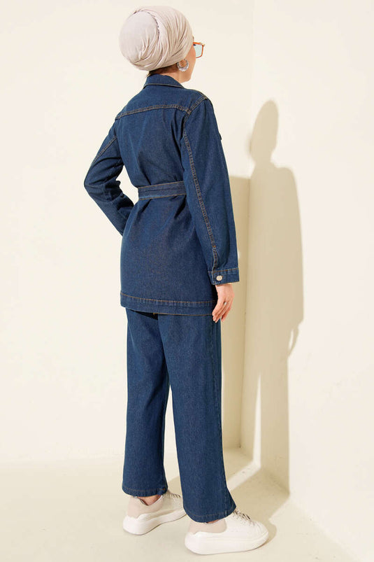 Ensemble Deux Pièces en Jean Bleu avec Ceinture et Poches Doubles