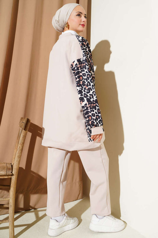 Çift Cepli Leopar Garnili İkili Takım Bej