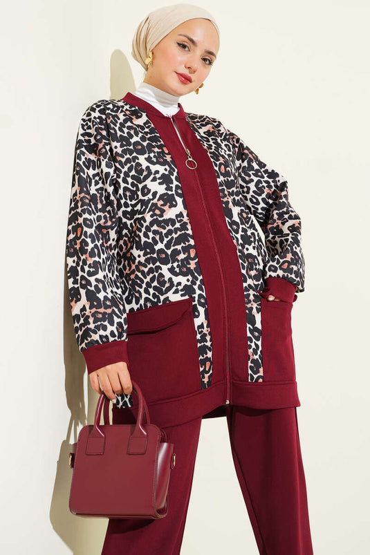 Double Pocket Leopard Garnished Two Piece Suit Claret Red