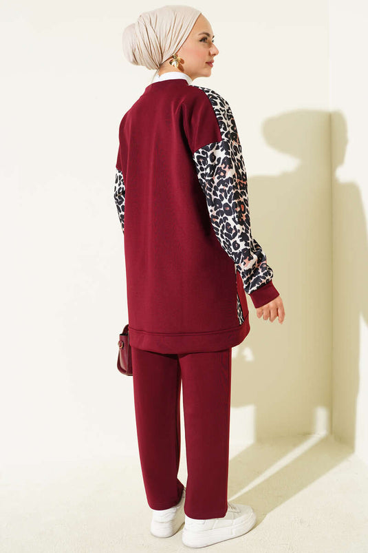 Double Pocket Leopard Garnished Two Piece Suit Claret Red