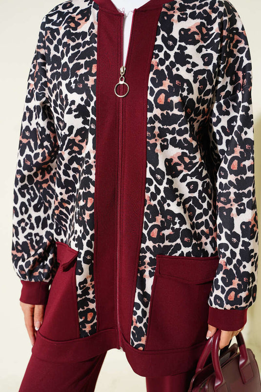 Double Pocket Leopard Garnished Two Piece Suit Claret Red