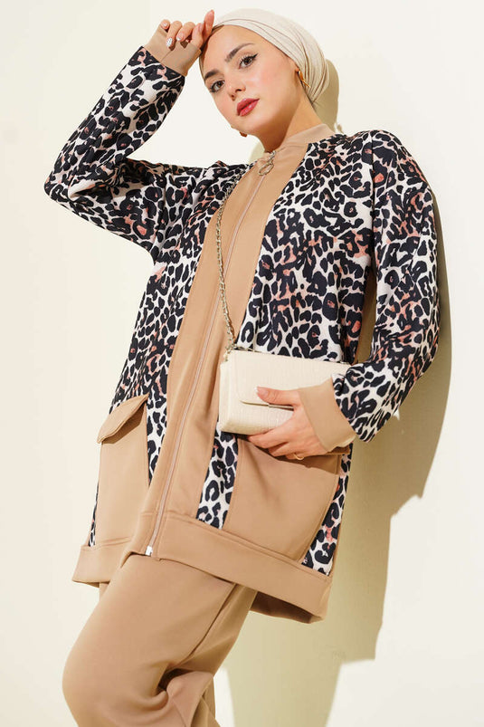 Leopard Garnished Double Pocket Two Piece Suit Latte