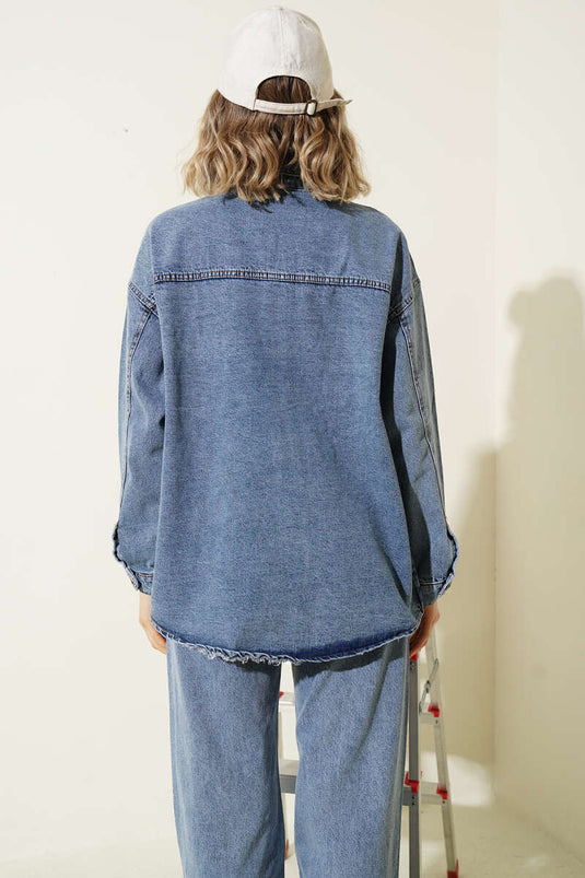 Veste en jean bleue à poignets boutonnés avec double poche