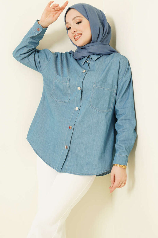 Double Pocket Metal Buttoned Shirt Blue