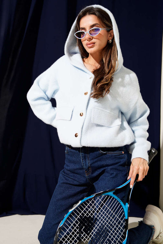 Çift Cepli Metal Düğmeli Kapüşonlu Hırka Bebe Mavi