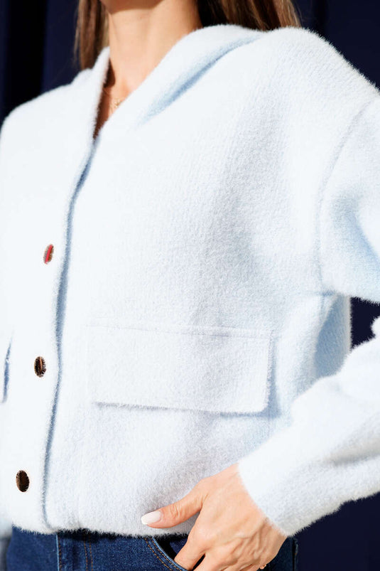 Çift Cepli Metal Düğmeli Kapüşonlu Hırka Bebe Mavi