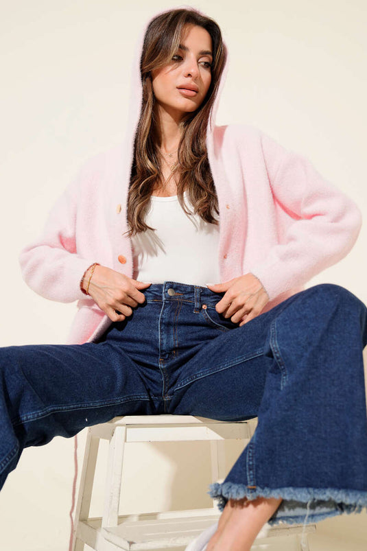 Cardigan rosa con cappuccio, doppie tasche e bottoni in metallo