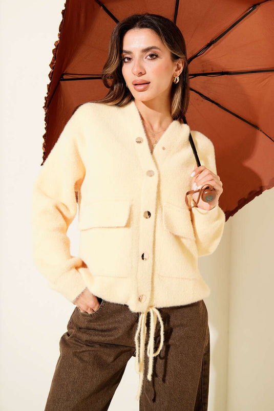 Çift Cepli Metal Düğmeli Kapüşonlu Hırka Sarı