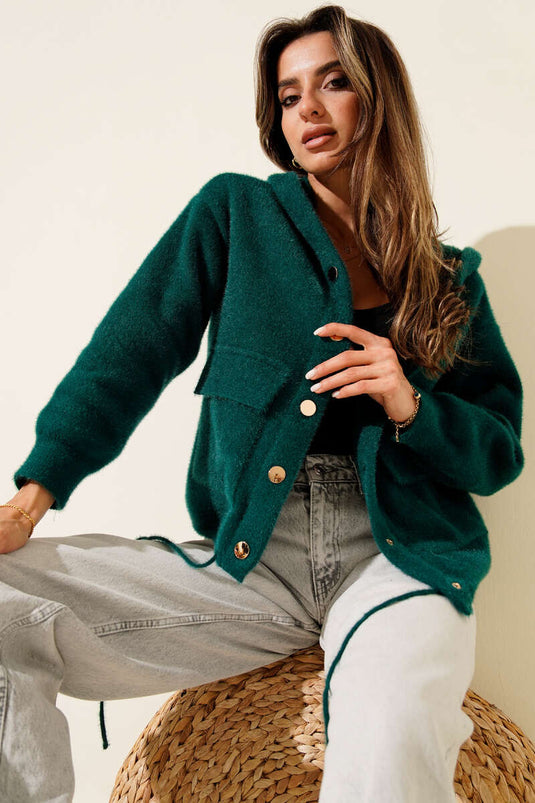 Çift Cepli Metal Düğmeli Kapüşonlu Hırka Zümrüt