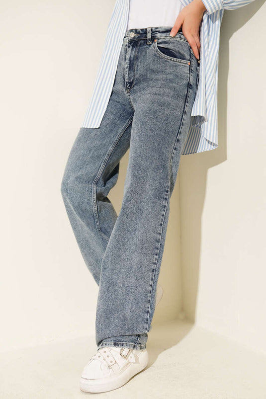 Double Pocket Palazzo Denim Pants Snow Dark