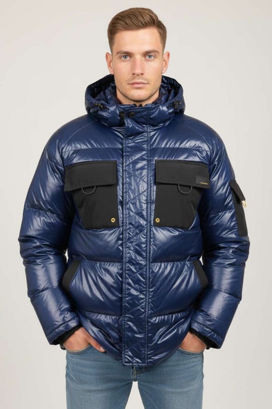 Çift Cepli Parlak Şişme Erkek Mont Lacivert