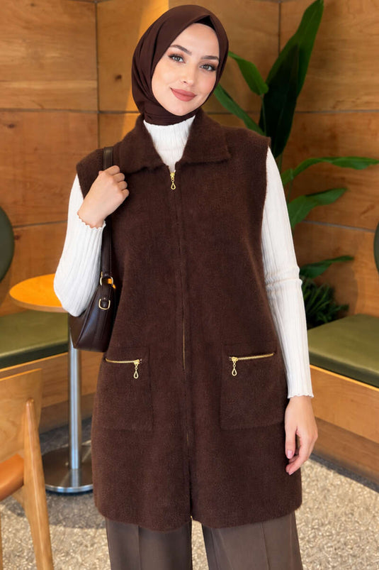 Gilet Con Tasche Doppie E Barba In Marrone