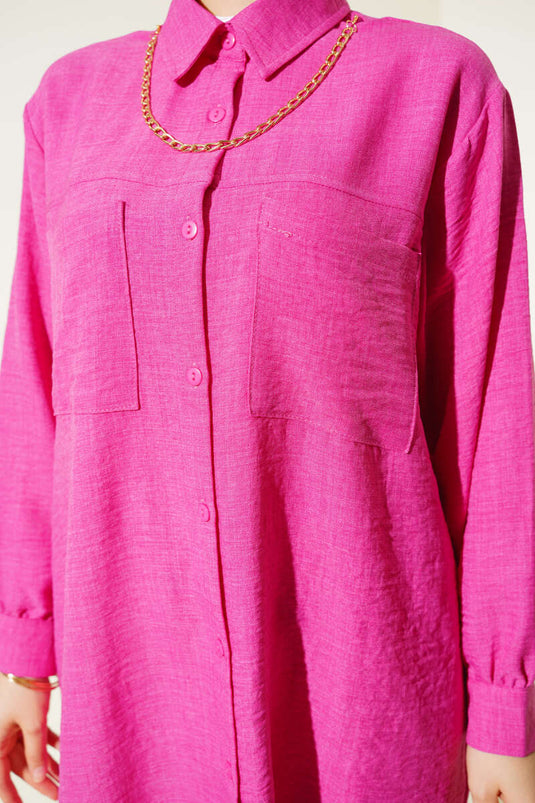 Chemise décontractée en lin à double poche Fuchsia