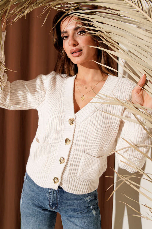 Kort vest met dubbele zakken en ribgebreid patroon, beige