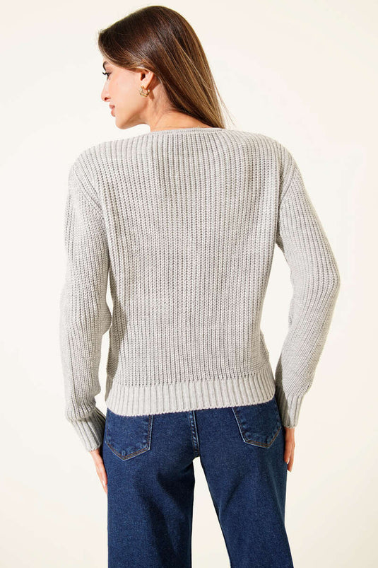 Cárdigan corto con dos bolsillos y patrón de punto acanalado, gris