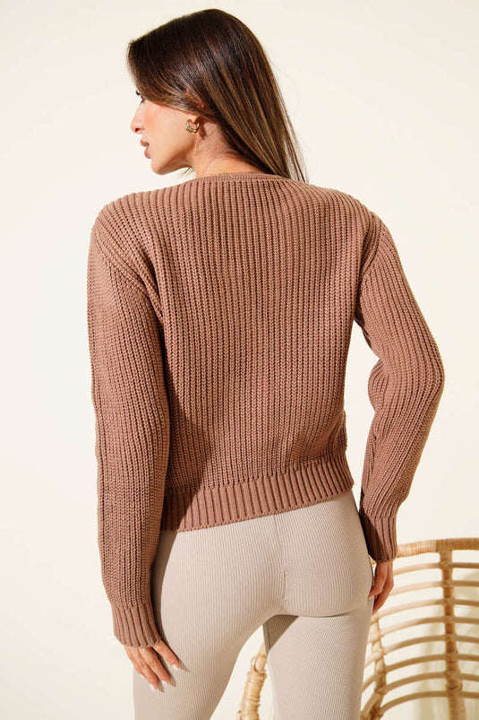 Cárdigan corto de punto Thessaloniki con dos bolsillos color café con leche