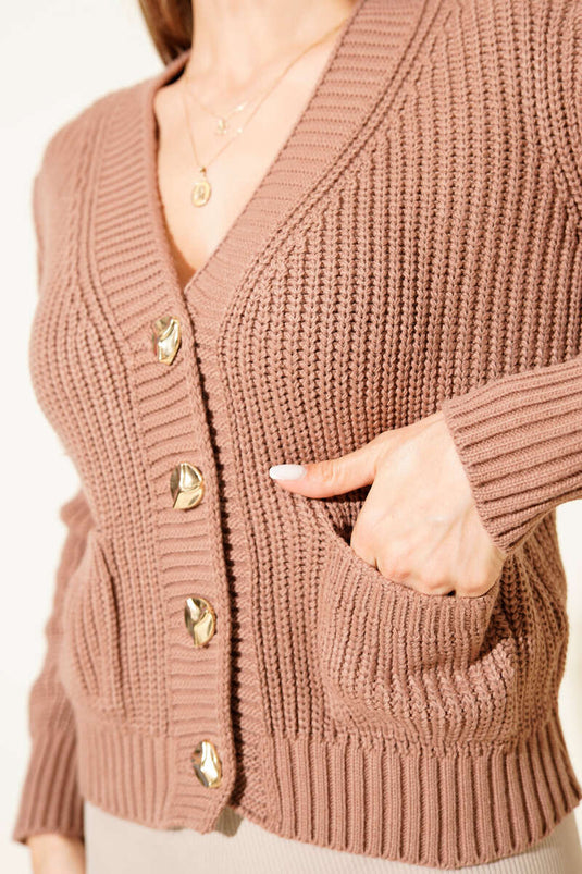 Cárdigan corto de punto Thessaloniki con dos bolsillos color café con leche