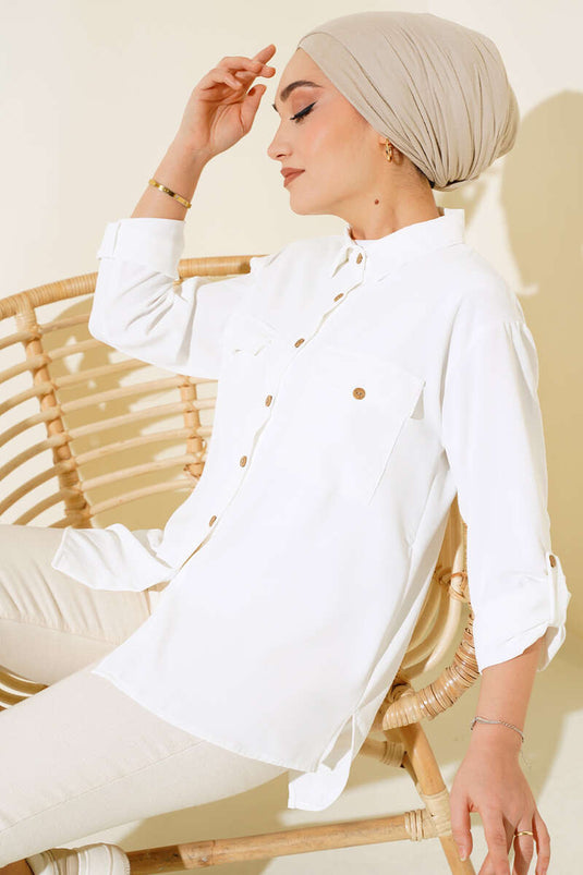 Çift Cepli Tahta Düğmeli Gömlek Ekru