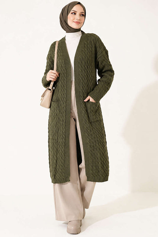 Gilet Long En Tricot À Deux Poches Kaki