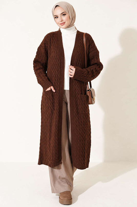 Long Knit Cardigan With Double Pockets In Brown